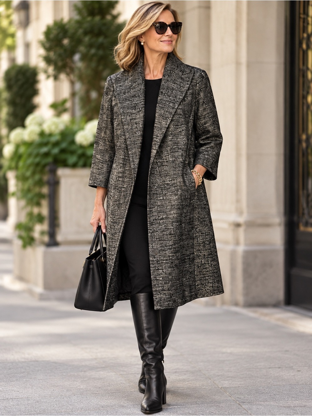 Eileen Fisher Textured Metallic Tweed Open Front Jacket | LARGE